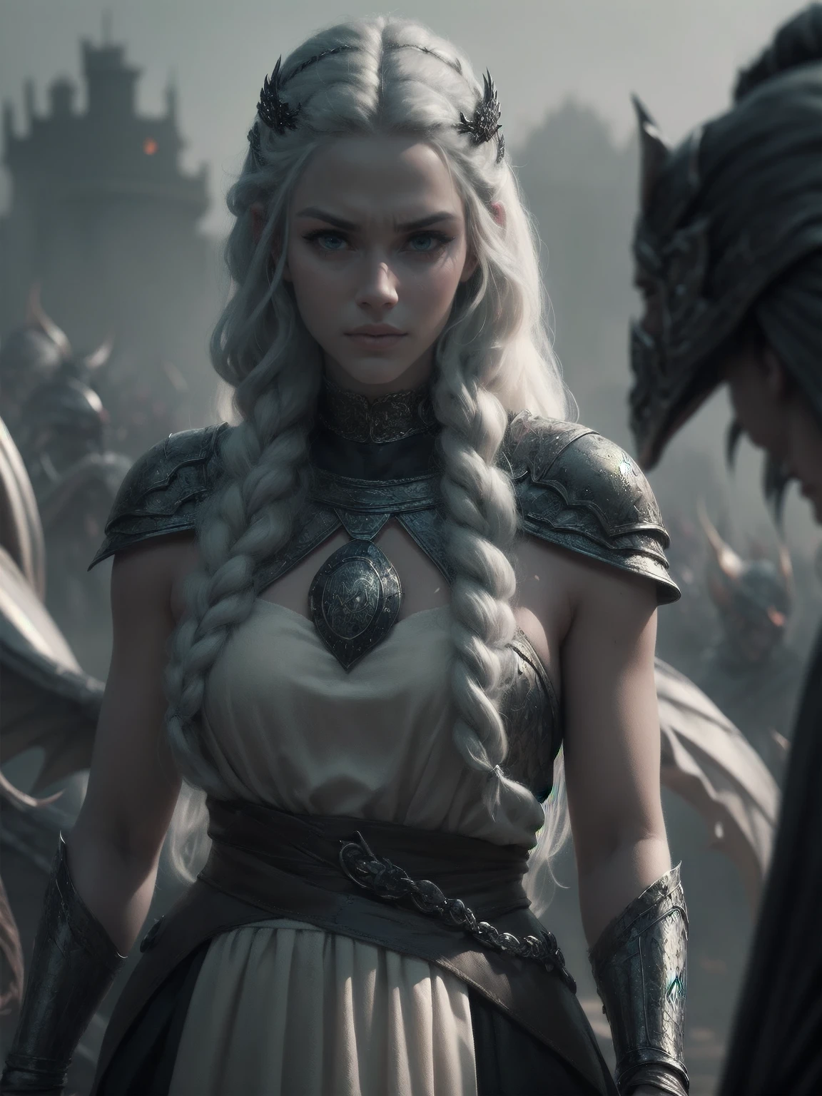 {-erro_de_anatomia:1.0} woman 30 years old, north,viking clothes, (nordic dress), dark castle, a woman (baela targaryen), black woman, (black skin) very long white curly hair (white hair), (blue eyes) . Indifferent look , merciless. among the dragons, dinamic poses, egoist smile, upper body, angry face