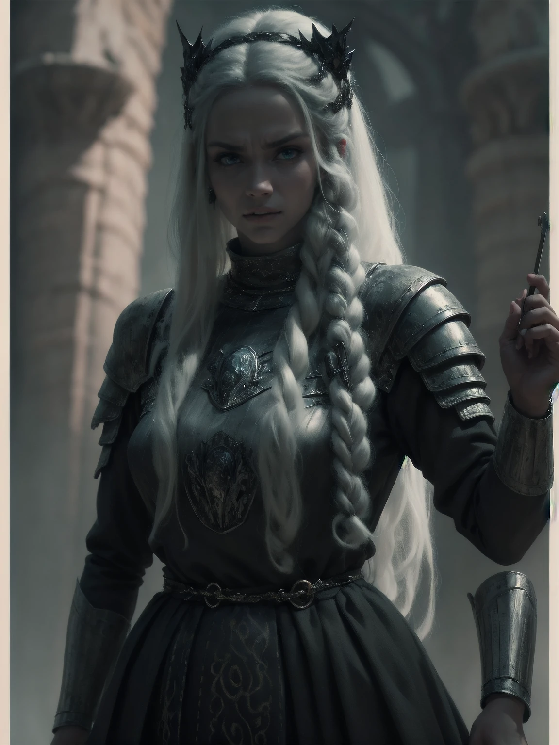 {-erro_de_anatomia:1.0} woman 30 years old, north,viking clothes, (nordic dress), dark castle, a woman (baela targaryen), black woman, (black skin) very long white curly hair (white hair), (blue eyes) . Indifferent look , merciless. among the dragons, dinamic poses, egoist smile, upper body, angry face