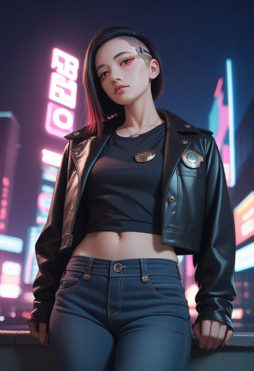 Portrait of emb-haiz, Pretty Face, Cyberpunk city by night. She was wearing a leather jacket,underwear,  Black jeans, Dramatic Lighting, (badge:1.2).