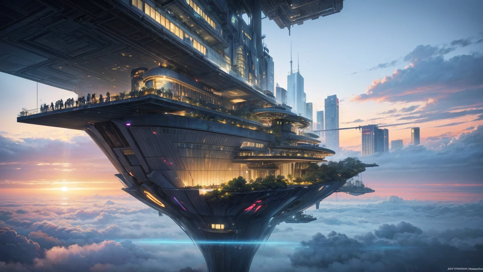 (Best quality,4K,8K,A high resolution,Masterpiece:1.2),Ultra-detailed,(Realistic,Photorealistic,photo-realistic:1.37),Futuristic floating city,Futuristic technology,Huge urban high-tech tablet platform,Airship,Floating in the sky,Futuristic city,Small airships around,High-tech hemispherical platform,Colorful lights,Advanced architecture,modernn architecture,skyscrapper,Access the cloud,Scenic beauty,view over city,Impressive design,Blend seamlessly with nature,energetic and vibrant atmosphere,Futuristic transportation system,Parking is suspended,Transparent path,Lush greenery,Sky gardens,cascading waterfalls,Magnificent skyline,reflections on the water,Sparkling river,Architectural innovation,futuristic skyscrapers,Transparent dome,The shape of the building is unusual,Elevated walkway,Impressive skyline,Glowing lights,Futuristic technology,Minimalist design,Scenic spots,Panoramic view,Cloud Piercing Tower,Vibrant colors,epic sunrise,epic sunset,Dazzling light display,magical ambiance,The future city,Urban Utopia,LuxuryLifestyle,Innovative energy,sustainable development,Smart city technology,Advanced infrastructure,Tranquil atmosphere,Nature and technology live in harmony,Awesome cityscape,Unprecedented urban planning,Architecture connects seamlessly with nature,High-tech metropolis,A cutting-edge engineering marvel,The future of urban living,Visionary architectural concept,Energy-efficient buildings,Harmony with the environment,A city floating above the clouds,Utopian dreams become reality,The possibilities are endless,State-of-the-art transportation network,Green energy integration,Innovative materials,Impressive holographic display,Advanced communication system,Breathtaking aerial view,Quiet and peaceful environment,Modernist aesthetics,Ethereal beauty