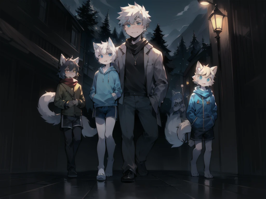 All staff side，walk，Anime style，Dark scene，Large background light source，five characters，The first one：hairy，16 years old，Young Style，Handsome，Bright Eyes，Male wolf，Dark blue hair，White hair on the face，Blue Eyes ，Yellow ear hair，Yellow hair around eyes，Tail blue and white，Gray blue coat，Casual shorts，With a hood，Height 1.6 meters，Calm。The second：hairy，15 years old，Bright Eyes，Lovely，Male cats，White eyes，Blonde hair，White hair on face，Yellow and white tail，Grey short-sleeved shorts，casual-style，Height 1.6 meters，Wearing a cape，optimistic。The third：Furry Anthropomorphic，Deep eyes，16 years old，Handsome，Male wolf，Gray-black hair，Big gray tail，Wrapped in a black scarf，Wearing a grey coat，Hands in pockets，trousers，Height 1.7 meters，mysterious，Calm。The fourth：Furry Anthropomorphic，Bright Eyes，15 years old，Lovely，Male cats，White hair all over，White eyes，Height 1.6 meters，There are several black tree-like lines on the face，Blue windbreaker and shorts，The tail is slightly pale white，Calm。Fifth：Male yellowish white fur, 17 years old，blue eyes, White hair (long), Wearing blue shorts and boxer shorts, Casual Clothing, Young Style, Height 1.7 meters, Handsome, Has a tail，Bright Eyes。