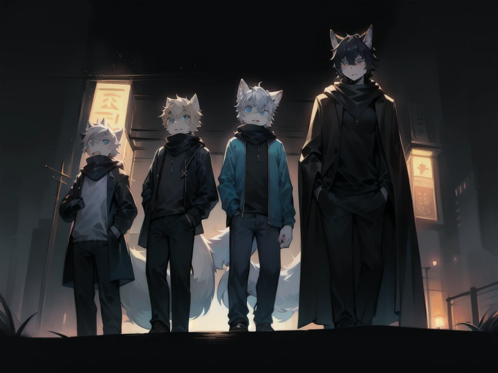 All staff side，walk，Anime style，Dark scene，Large background light source，five characters，The first one：hairy，16 years old，Young Style，Handsome，Bright Eyes，Male wolf，Dark blue hair，White hair on the face，Blue Eyes ，Yellow ear hair，Yellow hair around eyes，Tail blue and white，Gray blue coat，Casual shorts，With a hood，Height 1.6 meters，Calm。The second：hairy，15 years old，Bright Eyes，Lovely，Male cats，White eyes，Blonde hair，White hair on face，Yellow and white tail，Grey short-sleeved shorts，casual-style，Height 1.6 meters，Wearing a cape，optimistic。The third：Furry Anthropomorphic，Deep eyes，16 years old，Handsome，Male wolf，Gray-black hair，Big gray tail，Wrapped in a black scarf，Wearing a grey coat，Hands in pockets，trousers，Height 1.7 meters，mysterious，Calm。The fourth：Furry Anthropomorphic，Bright Eyes，15 years old，Lovely，Male cats，White hair all over，White eyes，Height 1.6 meters，There are several black tree-like lines on the face，Blue windbreaker and shorts，The tail is slightly pale white，Calm。Fifth：Male yellowish white fur, 17 years old，blue eyes, White hair (long), Wearing blue shorts and boxer shorts, Casual Clothing, Young Style, Height 1.7 meters, Handsome, Has a tail，Bright Eyes。