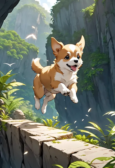 brave puppy jumping and flying over cliff, rugged jungle terrain, slow motion effect, 2.5D, delicate and dynamic