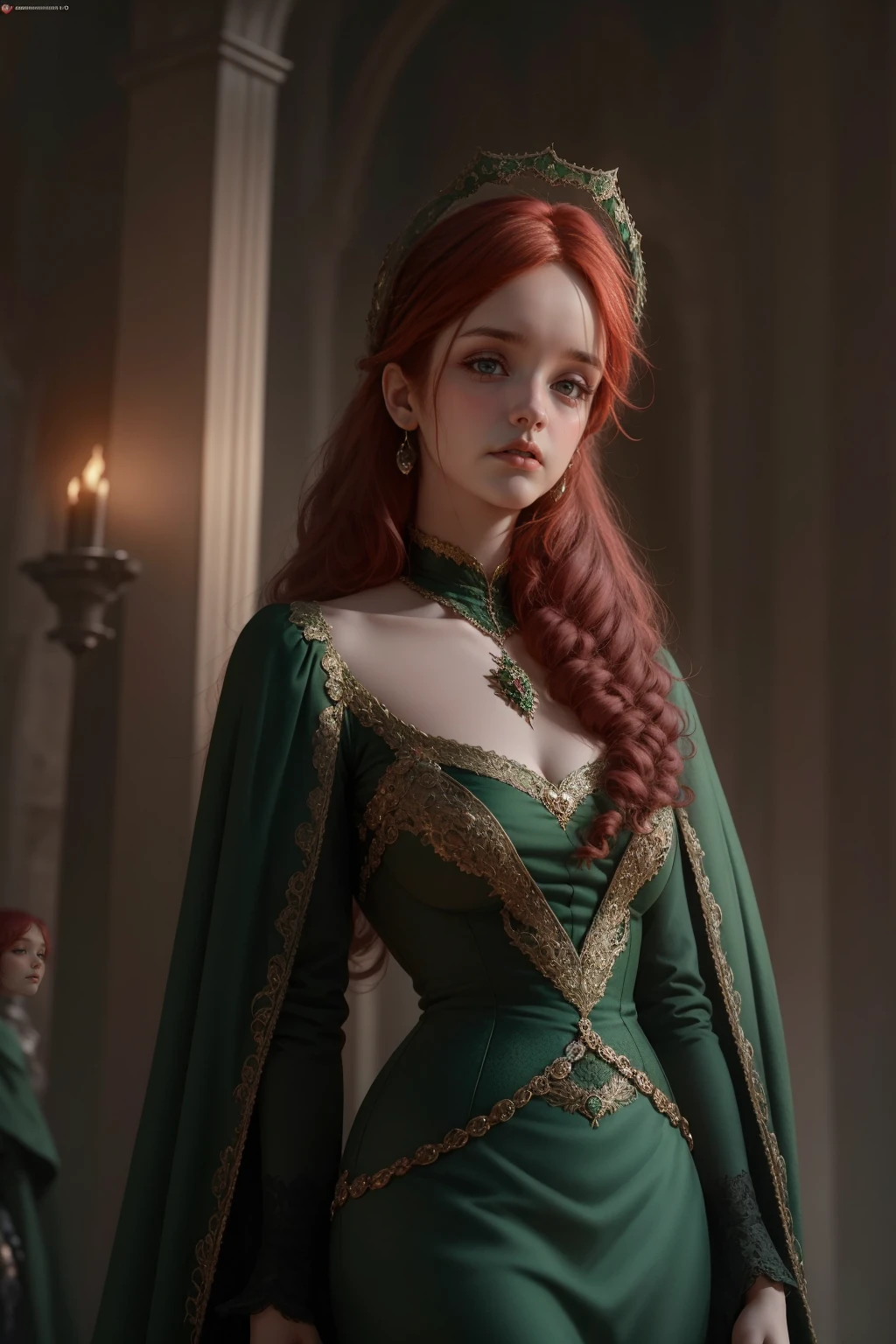 {-erro_de_anatomia:1.0} woman 40 years old, victorian era, queen clothes, (green dress), dark castle, a woman (alicent hightower), meddium dark red hair (dark red hair), (brown eyes) . Indifferent look , merciless. among the dragons, dinamic poses, egoist smile, upper body,