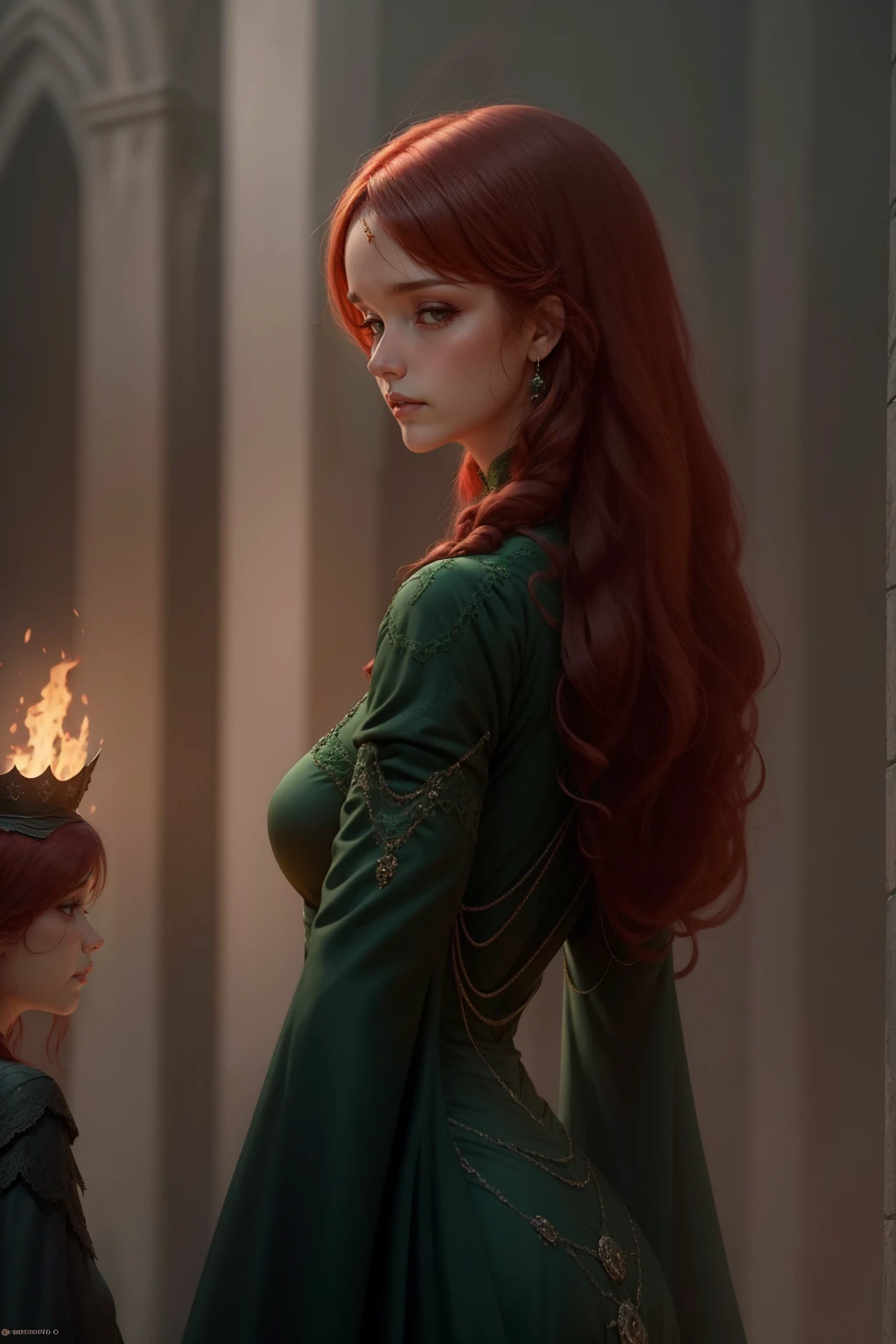 {-erro_de_anatomia:1.0} woman 40 years old, victorian era, queen clothes, (green dress), dark castle, a woman (alicent hightower), meddium dark red hair (dark red hair), (brown eyes) . Indifferent look , merciless. among the dragons, dinamic poses, egoist smile, upper body,