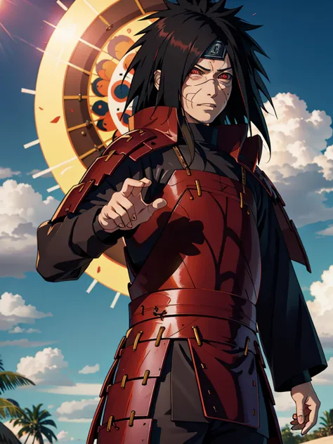 1male, uchiha madara from the anime naruto, with long black hair and piercing red eyes. he has a handsome and confident appearan...