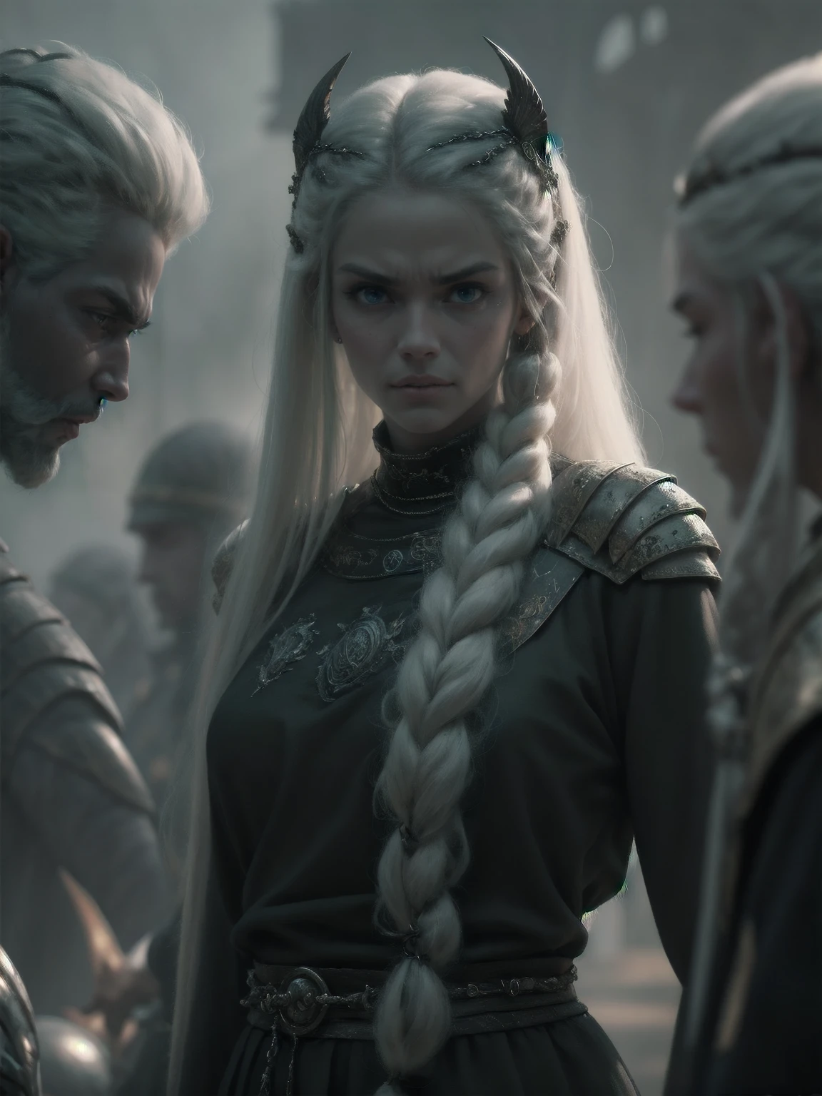 {-erro_de_anatomia:1.0} woman 30 years old, north,viking clothes, (nordic dress), dark castle, a woman (baela targaryen), black woman, (black skin) very long white curly hair (white hair), (blue eyes) . Indifferent look , merciless. among the dragons, dinamic poses, egoist smile, upper body, angry face