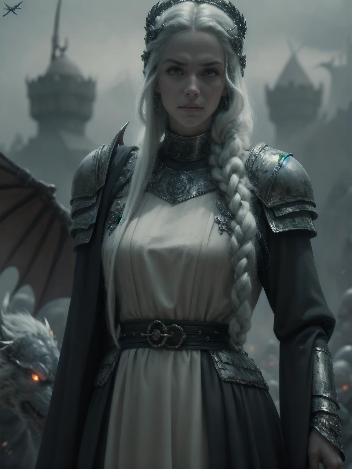 {-erro_de_anatomia:1.0} woman 30 years old, north,viking clothes, (nordic dress), dark castle, a woman (baela targaryen), black woman, (black skin) very long white curly hair (white hair), (blue eyes) . Indifferent look , merciless. among the dragons, dinamic poses, egoist smile, upper body, angry face