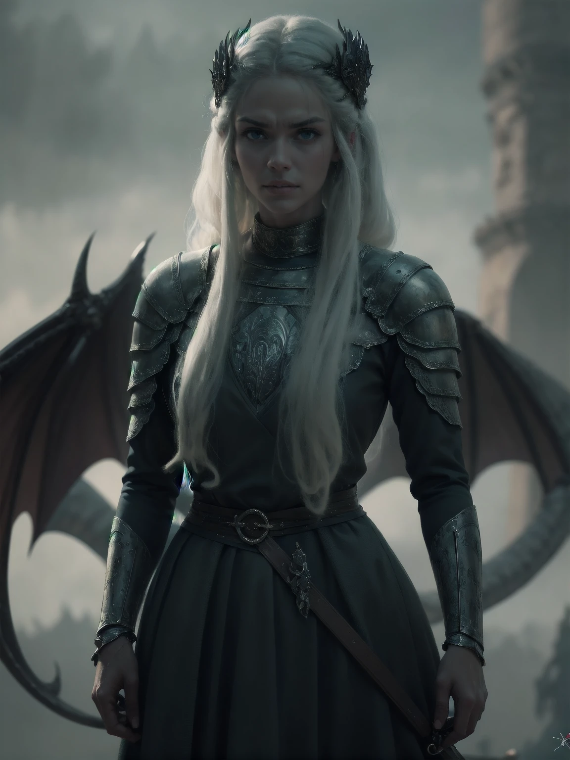 {-erro_de_anatomia:1.0} woman 30 years old, north,viking clothes, (nordic dress), dark castle, a woman (baela targaryen), black woman, (black skin) very long white curly hair (white hair), (blue eyes) . Indifferent look , merciless. among the dragons, dinamic poses, egoist smile, upper body, angry face