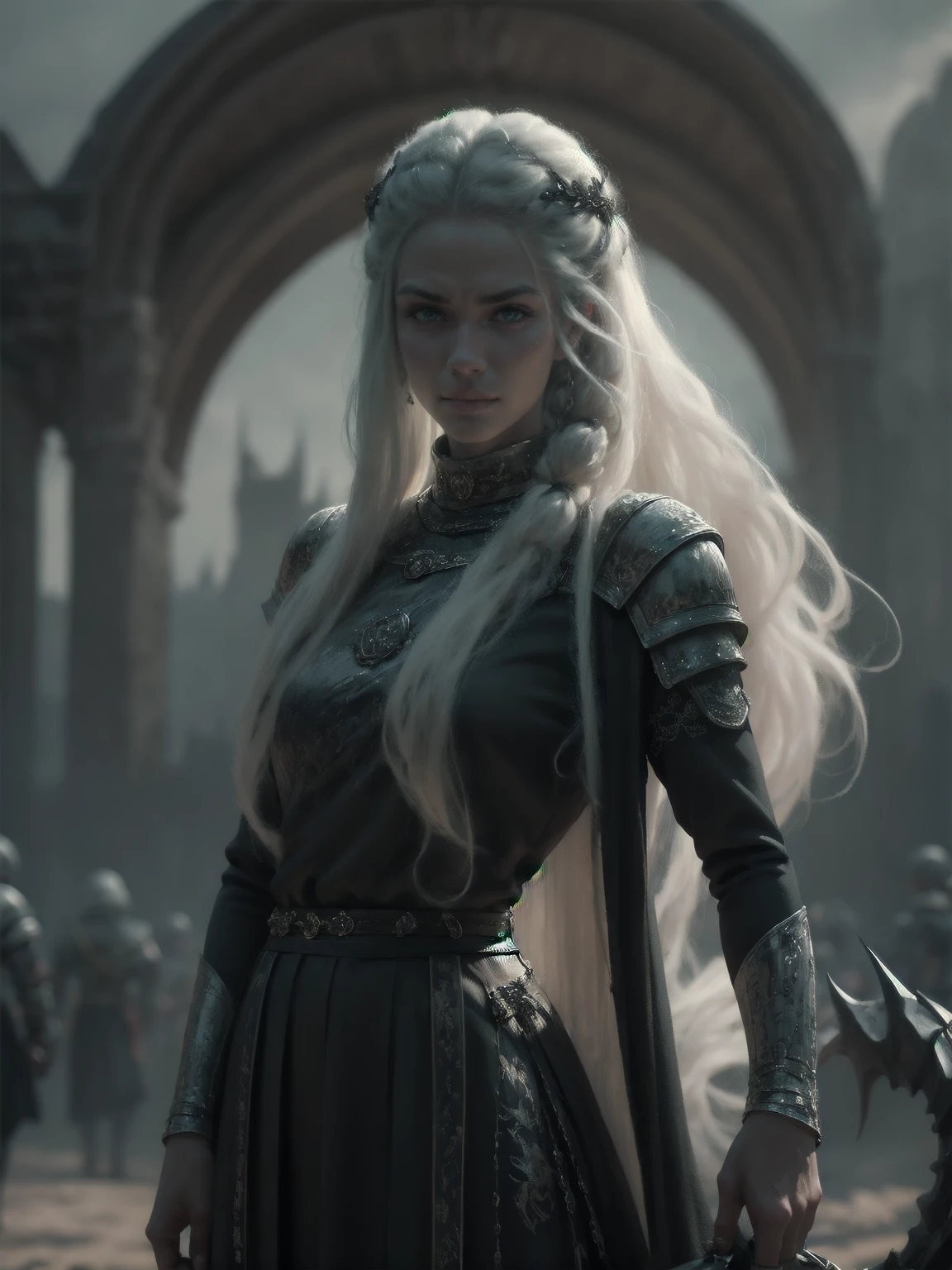 {-erro_de_anatomia:1.0} woman 30 years old, north,viking clothes, (nordic dress), dark castle, a woman (baela targaryen), black woman, (black skin) very long white curly hair (white hair), (blue eyes) . Indifferent look , merciless. among the dragons, dinamic poses, egoist smile, upper body, angry face