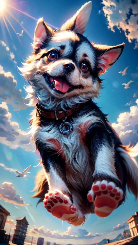 a cute puppy flying in the sky,1 dog,extremely detailed fur,adorable puppy,cute dog,beautiful detailed eyes,beautiful detailed n...