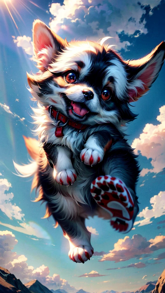 a cute puppy flying in the sky,1 dog,extremely detailed fur,adorable puppy,cute dog,beautiful detailed eyes,beautiful detailed nose,beautiful detailed mouth,fluffy,soft,playful,happy expression,dynamic movement,blue sky,clouds,sunlight,warm color tone,cinematic lighting,photorealistic,8k,detailed description,masterpiece,digital art