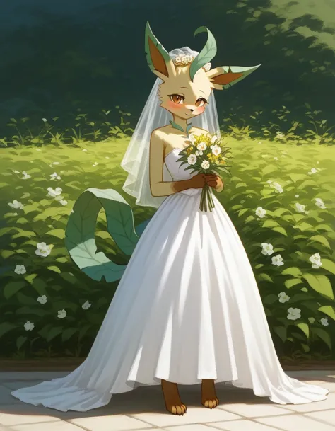 alone, score_9,score_8_up,score_7_up, an anthro furry female leafeon girl, full body, wearing wedding dress, holding flowers, bl...