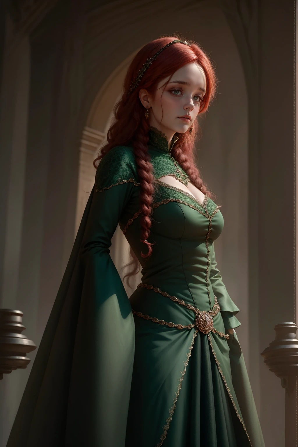 {-erro_de_anatomia:1.0} woman 40 years old, victorian era, queen clothes, (green dress), dark castle, a woman (alicent hightower), meddium dark red hair (dark red hair), (brown eyes) . Indifferent look , merciless. among the dragons, dinamic poses, egoist smile, upper body,