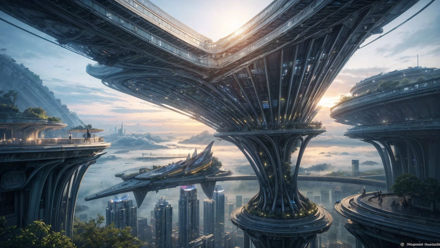 (Best quality,4K,8K,A high resolution,Masterpiece:1.2),Ultra-detailed,(Realistic,Photorealistic,photo-realistic:1.37),Futuristic floating city,Futuristic technology,Huge urban high-tech tablet platform,Airship,Floating in the sky,Futuristic city,Small airships around,High-tech hemispherical platform,Colorful lights,Advanced architecture,modernn architecture,skyscrapper,Access the cloud,Scenic beauty,view over city,Impressive design,Blend seamlessly with nature,energetic and vibrant atmosphere,Futuristic transportation system,Parking is suspended,Transparent path,Lush greenery,Sky gardens,cascading waterfalls,Magnificent skyline,reflections on the water,Sparkling river,Architectural innovation,futuristic skyscrapers,Transparent dome,The shape of the building is unusual,Elevated walkway,Impressive skyline,Glowing lights,Futuristic technology,Minimalist design,Scenic spots,Panoramic view,Cloud Piercing Tower,Vibrant colors,epic sunrise,epic sunset,Dazzling light display,magical ambiance,The future city,Urban Utopia,LuxuryLifestyle,Innovative energy,sustainable development,Smart city technology,Advanced infrastructure,Tranquil atmosphere,Nature and technology live in harmony,Awesome cityscape,Unprecedented urban planning,Architecture connects seamlessly with nature,High-tech metropolis,A cutting-edge engineering marvel,The future of urban living,Visionary architectural concept,Energy-efficient buildings,Harmony with the environment,A city floating above the clouds,Utopian dreams become reality,The possibilities are endless,State-of-the-art transportation network,Green energy integration,Innovative materials,Impressive holographic display,Advanced communication system,Breathtaking aerial view,Quiet and peaceful environment,Modernist aesthetics,Ethereal beauty