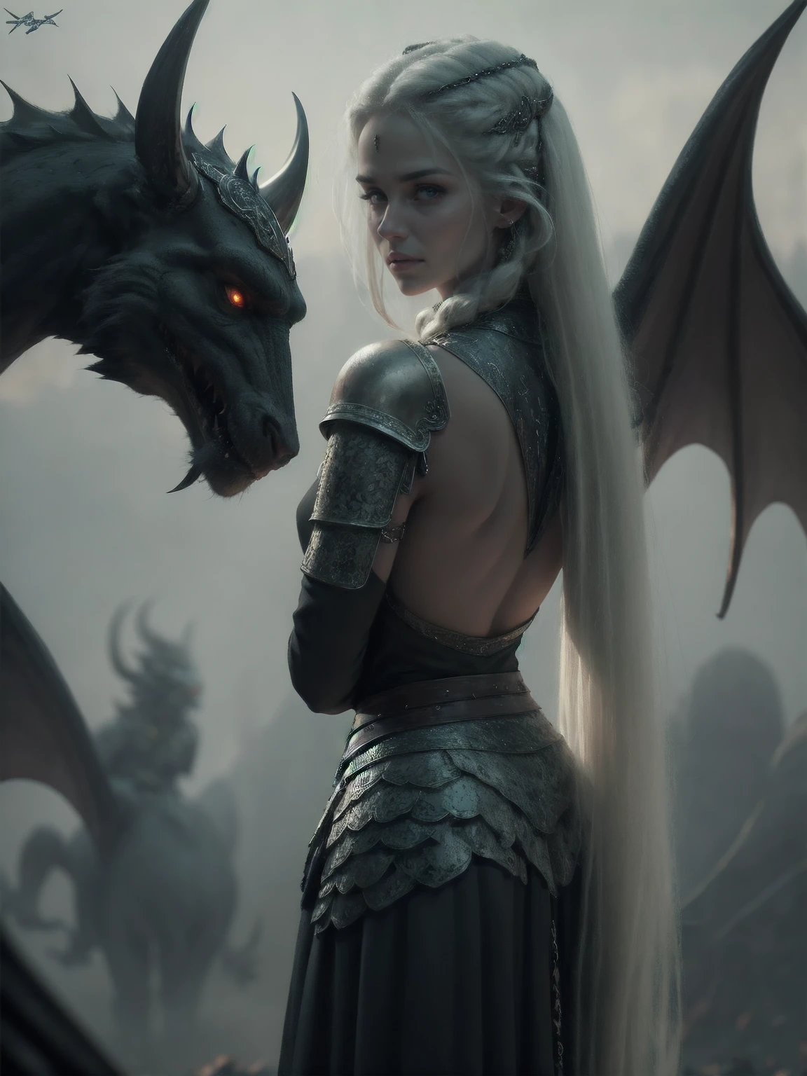 {-erro_de_anatomia:1.0} woman 30 years old, north,viking clothes, (nordic dress), dark castle, a woman (baela targaryen), black woman, (black skin) very long white curly hair (white hair), (blue eyes) . Indifferent look , merciless. among the dragons, dinamic poses, egoist smile, upper body, angry face, backwards, looking back