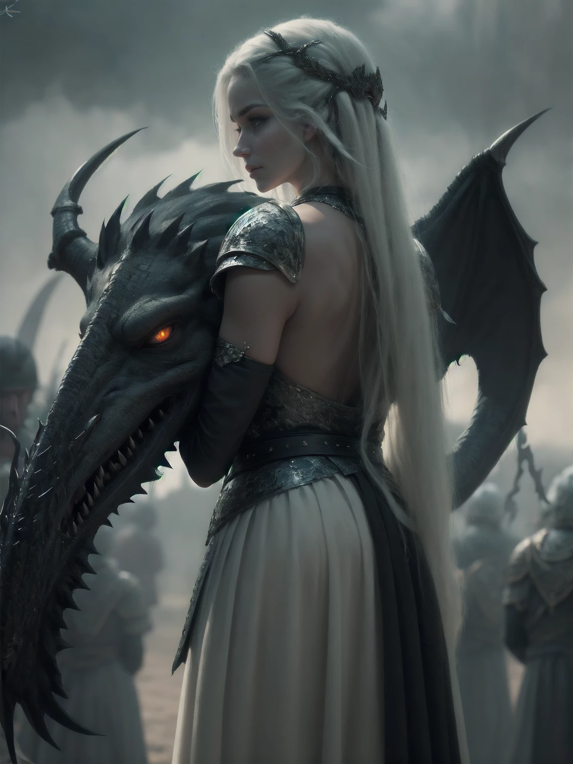 {-erro_de_anatomia:1.0} woman 30 years old, north,viking clothes, (nordic dress), dark castle, a woman (baela targaryen), black woman, (black skin) very long white curly hair (white hair), (blue eyes) . Indifferent look , merciless. among the dragons, dinamic poses, egoist smile, upper body, angry face, backwards, looking back