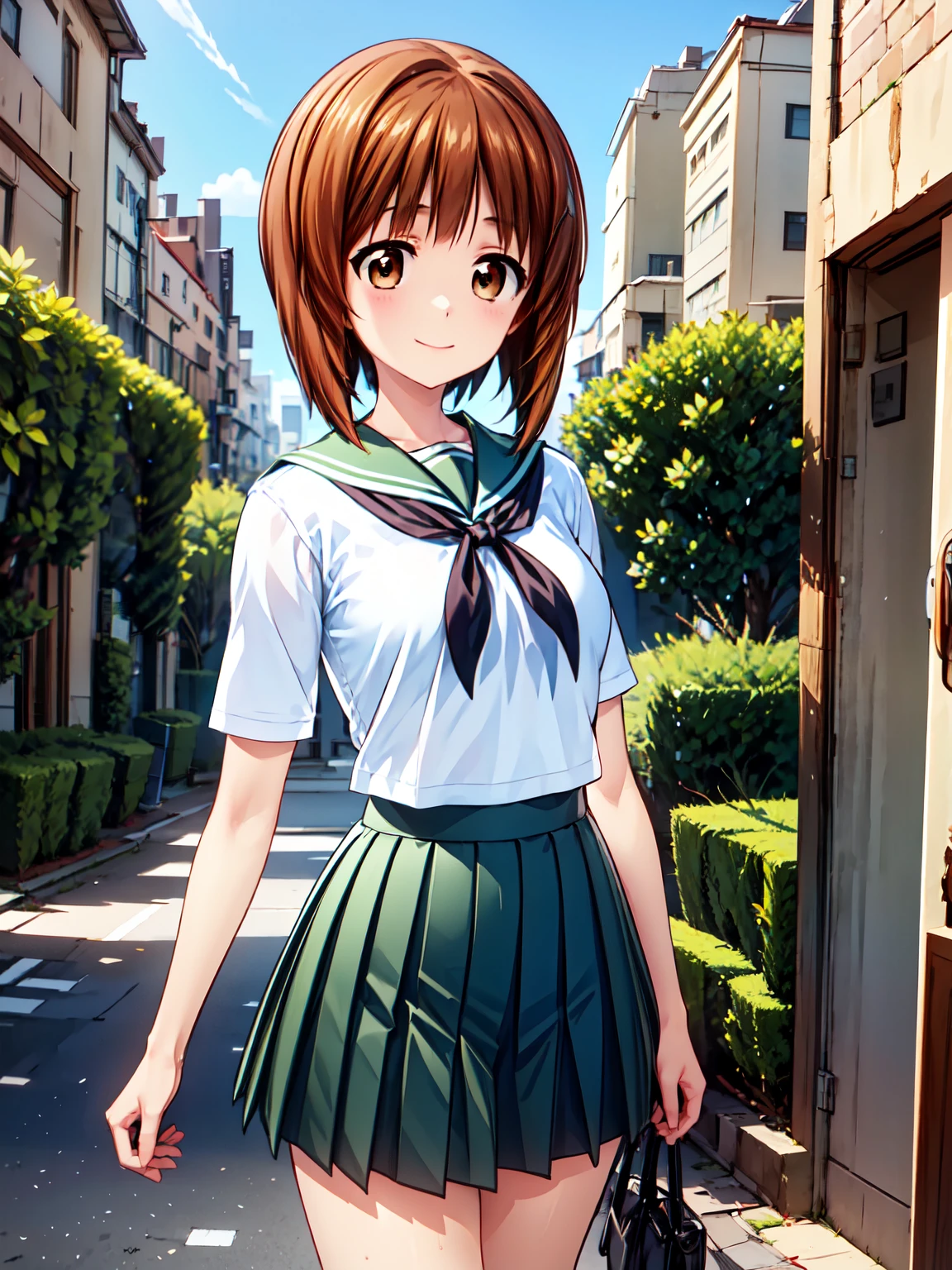 Very detailed, Absurd, Ultra-high resolution, Very detailed, Highest quality,Nishizumi,Short Hair、Brown eyes、uniform、One girl, alone, happy smile, smile, smile、Closed Mouth, Are standing,From the side,cuteポーズ, Cowboy Shot,Break Slender, cute, Perfectly symmetrical face,  Very detailed目, Ultra detailed hair, 超cute, Super beautiful, Cityscape,