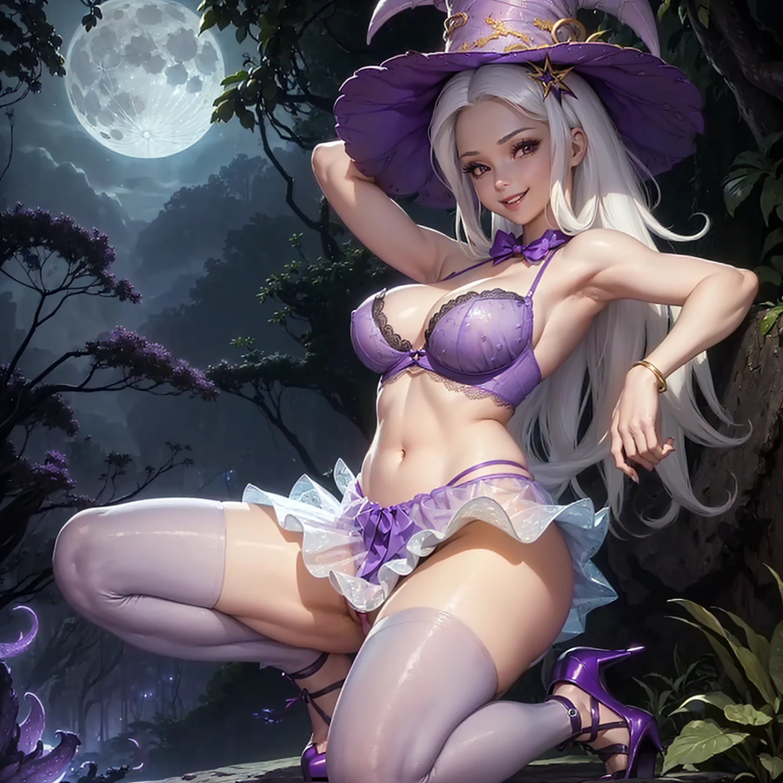 (((beautiful female body))),(((trixie as a sweet charming hot seductive horny model :1.0))), (((very long blue white hair))) ,(((night with big moon))),(((stand next to valley hands behind head)))), (((surround by dozens of slime tentacles :0.7))),(((jungle in background))),(((lewd and erotic posing))), (((happy wicked smile))) ,(((wear light purple sheer lace transparent see through very short bra))) , (((((upskirt view))))) , (((witch hat))),breasts are visible , (((wear high heels))) , (((full body))),golden bracelets , (((perfect breasts))) , lush breasts , Bulky Breasts , voluminous breasts ,(((peeping the viewer))),(((bare belly))),(((side close upskirt view))),(((sharp focus)))