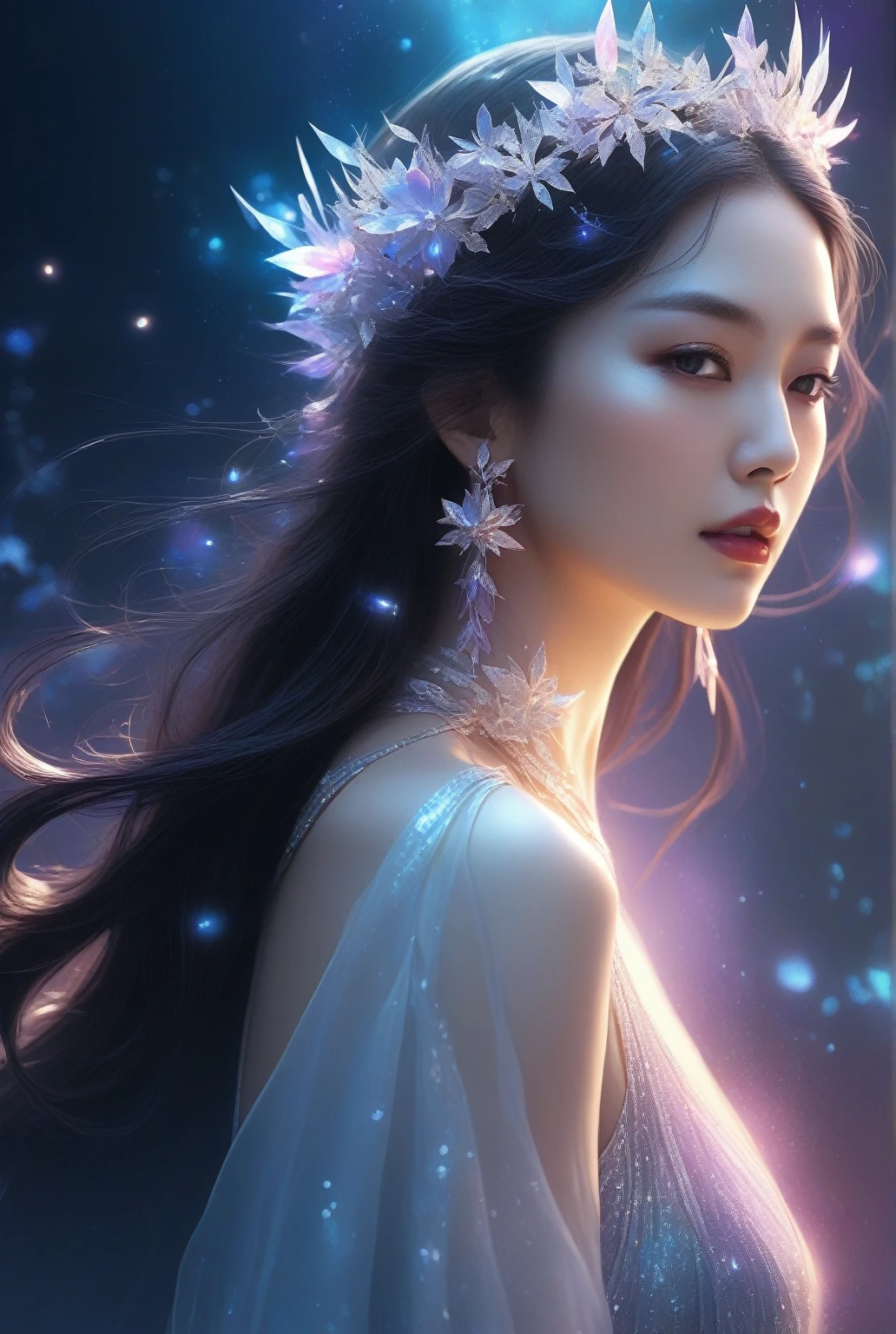 Miss, Long hair, Sunlight, , iridescent dress, Luminescence stars, Digital Illustration, Luminescence lotus, Deflection peak, Chromatic Aberration, Bloom and (Luminescence, holographic foil:0.6), Beautiful fantasy queen, Gu Weiss, Ruan Jia and Artgerm, Beautiful fantasy girl, Japanese Goddess, The inside is empty，She didn&#39;t even wear, When she moves her body, Two fat and white breasts swinging left and right, Under the friction of clothes, Two lotus seed-sized nipples actually stood up, Her clothes were protruding with two sharp corners.,