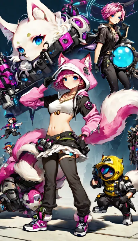 Oh, league of legend, sexy for, wallpapers, detailed eyes, fox ear, (fox tails), a skirt, (long pink fur), medium breasts, Looking at_Shown in_Looking atl espectador, short_hair, gloves, belly button, fail, blue_there are eyes, Eternal, full_body, weapon, Footwear, necklaces, negro_gloves, pulp, hooded, hair_overcome_Yoon_there are eyes, Cultivator_above, hoodie, negro_pants, sneakers, Cut_jacket, cyber punk character, Cut_hoodie