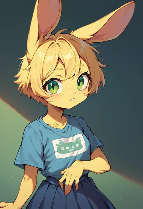 yellow rabbit , female, blue t-shirt,dark blue skirt, greeneyes,filhote