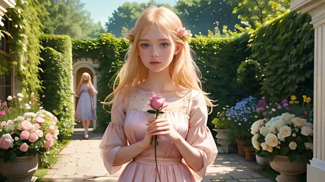 blond woman in pink dress holding a rose in front of a garden, ellie bamber fairy, ellie bamber, david hamilton, in style of pet...