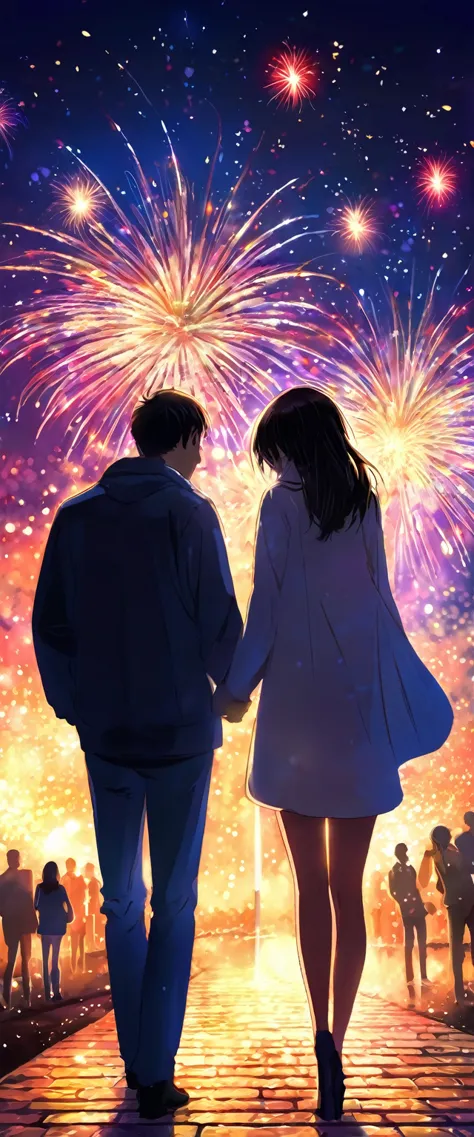 ((love confession)), ((Couple)), night, ((Under the fireworks)), (((masterpiece))), (best quality), (ultra detail), (very_high_r...