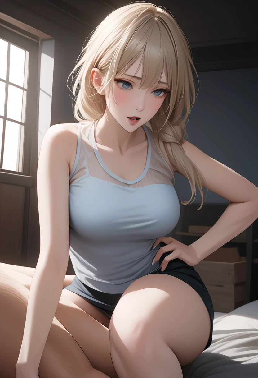 (Highest quality, High resolution, Realistic), whole body, Elegant mature woman, blue eyes, Long Hair, Side bangs, Blonde, See-through tank top, Large Breasts, Ultra-fine CG 8K, Beautiful CG, Soft Light。,(Penetration Sex,Creampie Sex,Cums many times),,1 Male,rape