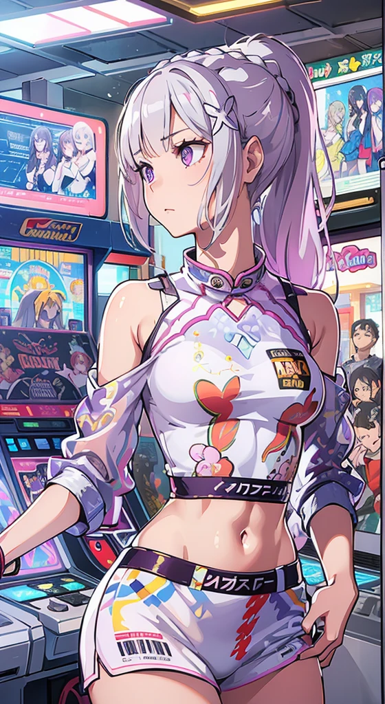 ((Masterpiece)), best quality, absurderes, ultra detailed, holographic, cowboy shot, golden ratio, super cute girl, mature girl, super beautiful asian girl with very beautiful violet glowing eyes, Emilia re:zero, purple eyes, Emilia, crown braid, x hair ornament, flower hair ornament, white hair, very long hair, medium breasts, high ponytail,  nice and sexy body, slim body, perfect body, wearing super tight anime printed mini boxers, an anime printed super tight off shoulder long sleeve crop top, buautiful hair ornament,  super aesthetic transparent jacket, playing in an arcade machine