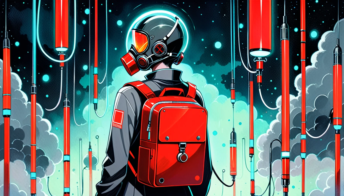 (in style of Catherine Hyde:1.4),
1 Girl,gray sailor suit,respirator masks,glowing eyes,the oxygen cylinder is on its back,from the side,fluorescent luminescent liquid,insert 2 tubes in front of you,futuristic style,(a red square metal backpack with a weird style:1.4),