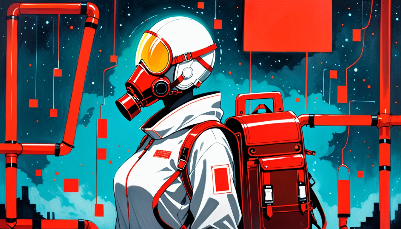 (in style of Catherine Hyde:1.4),
1 Girl,gray sailor suit,respirator masks,glowing eyes,the oxygen cylinder is on its back,from the side,fluorescent luminescent liquid,insert 2 tubes in front of you,futuristic style,(a red square metal backpack with a weird style:1.4),