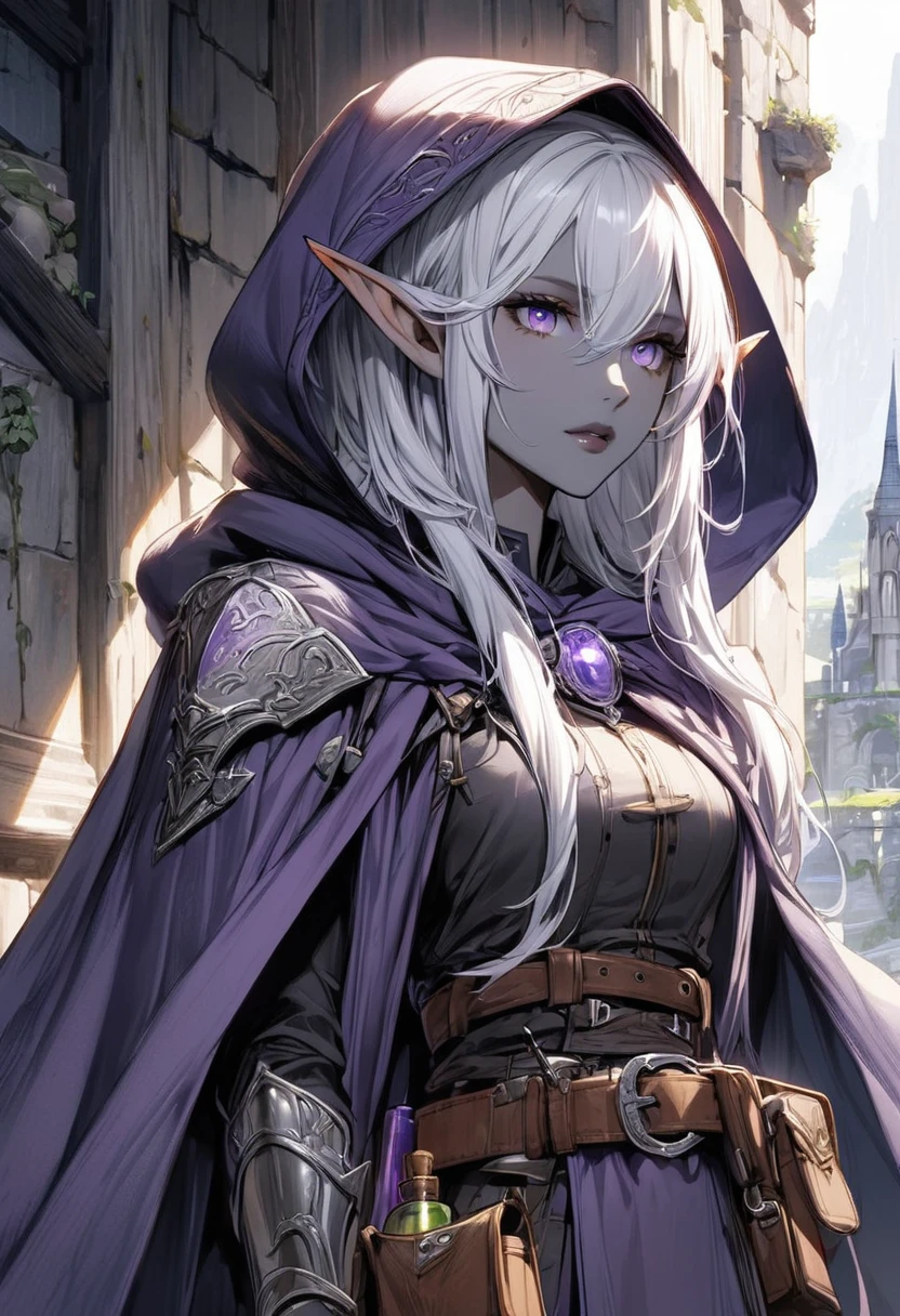 卓尔Elf,  Pointed ears, solitary, Elf, hood, color, Looking at the audience, Silver long hair, cloak, dark Elf, hood up, cape, hooded cloak, belt, pouch, Lavender-colored eyes, Gray skin, Upper Body, arms, Lips, armor, Black/White Badge, potion belt, smith tools on belt,((masterpiece, best quality))