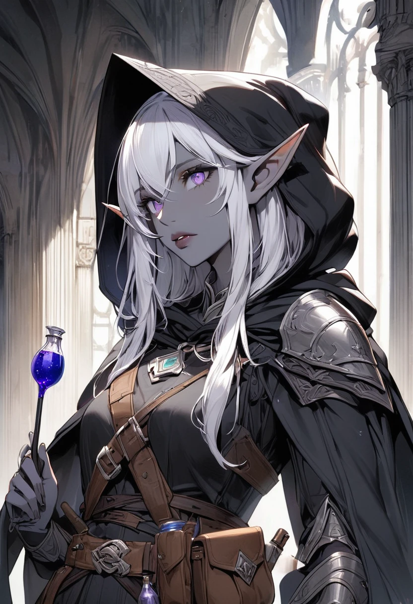 卓尔Elf,  Pointed ears, solitary, Elf, hood, color, Looking at the audience, Silver long hair, cloak, dark Elf, hood up, cape, hooded cloak, belt, pouch, Lavender-colored eyes, Gray skin, Upper Body, arms, Lips, armor, Black/White Badge, potion belt, smith tools on belt,((masterpiece, best quality))