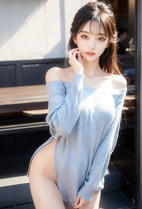 Non-NSFW、Realistic、Highest quality、Highest quality、masterpiece、Ultra-high resolution、RAW Photos、Realistic、Bright lighting、Face Light、Smooth Professional Lighting、Looking into the camera、alone、Adult female、Beautiful woman、Super Beauty、Realistic肌、Moisturized Skin、Realistic eyes and faces、Perfect model body shape、Beautiful Eyes、Big eyes、Inconspicuous tear bags、slim、Very good、Beautiful fingers、Very long hair、Jet Black Hair, (amber eyes)、iris、looks happy、(Both ears are covered by hair), (Thigh-length long knit shirt:1.3),(Off the shoulder:1.1),In the city, Small Ass, (Large Breasts:1.1),(Venus&#39; Nipples:1.2), Königsreuter、Sexy Random Poses,(Are standing:1.1),(From behind:1.6)
