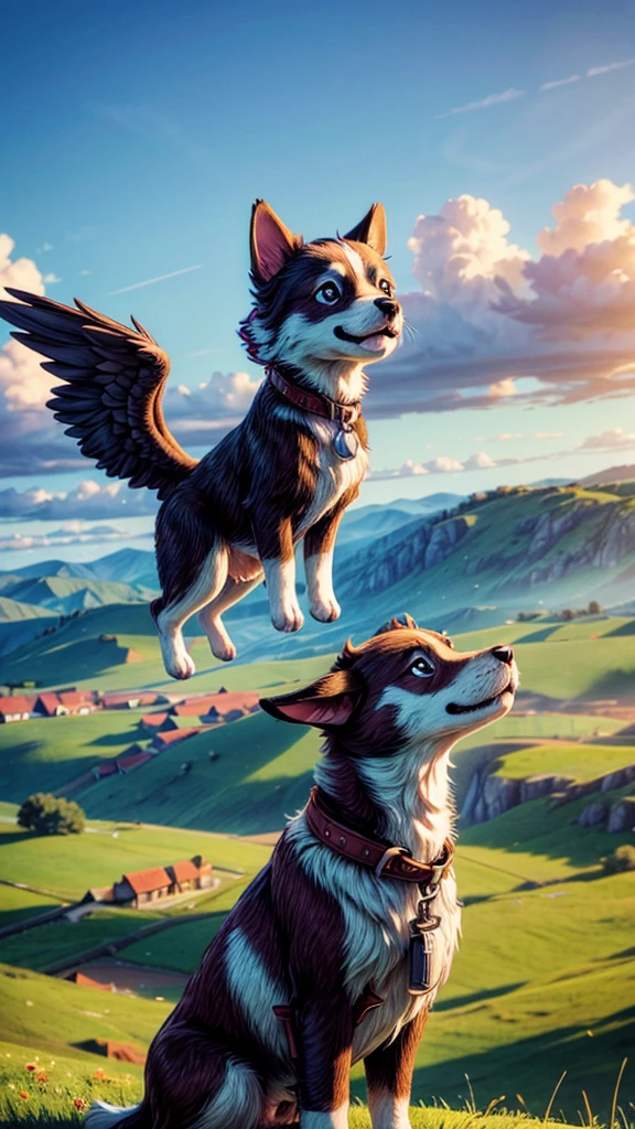 a cute puppy flying high above a beautiful countryside landscape, detailed fur texture, adorable facial features, playful expression, dramatic lighting, cinematic composition, vibrant colors, ethereal atmosphere, (best quality,4k,8k,highres,masterpiece:1.2),ultra-detailed,(realistic,photorealistic,photo-realistic:1.37),landscape,nature,animals,cute,puppy,dog,flying,rural,countryside,serene,dramatic,cinematic,vibrant colors,ethereal