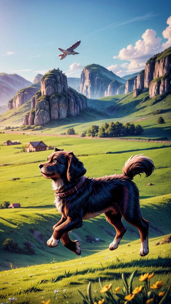 a cute puppy flying high above a beautiful countryside landscape, detailed fur texture, adorable facial features, playful expression, dramatic lighting, cinematic composition, vibrant colors, ethereal atmosphere, (best quality,4k,8k,highres,masterpiece:1.2),ultra-detailed,(realistic,photorealistic,photo-realistic:1.37),landscape,nature,animals,cute,puppy,dog,flying,rural,countryside,serene,dramatic,cinematic,vibrant colors,ethereal