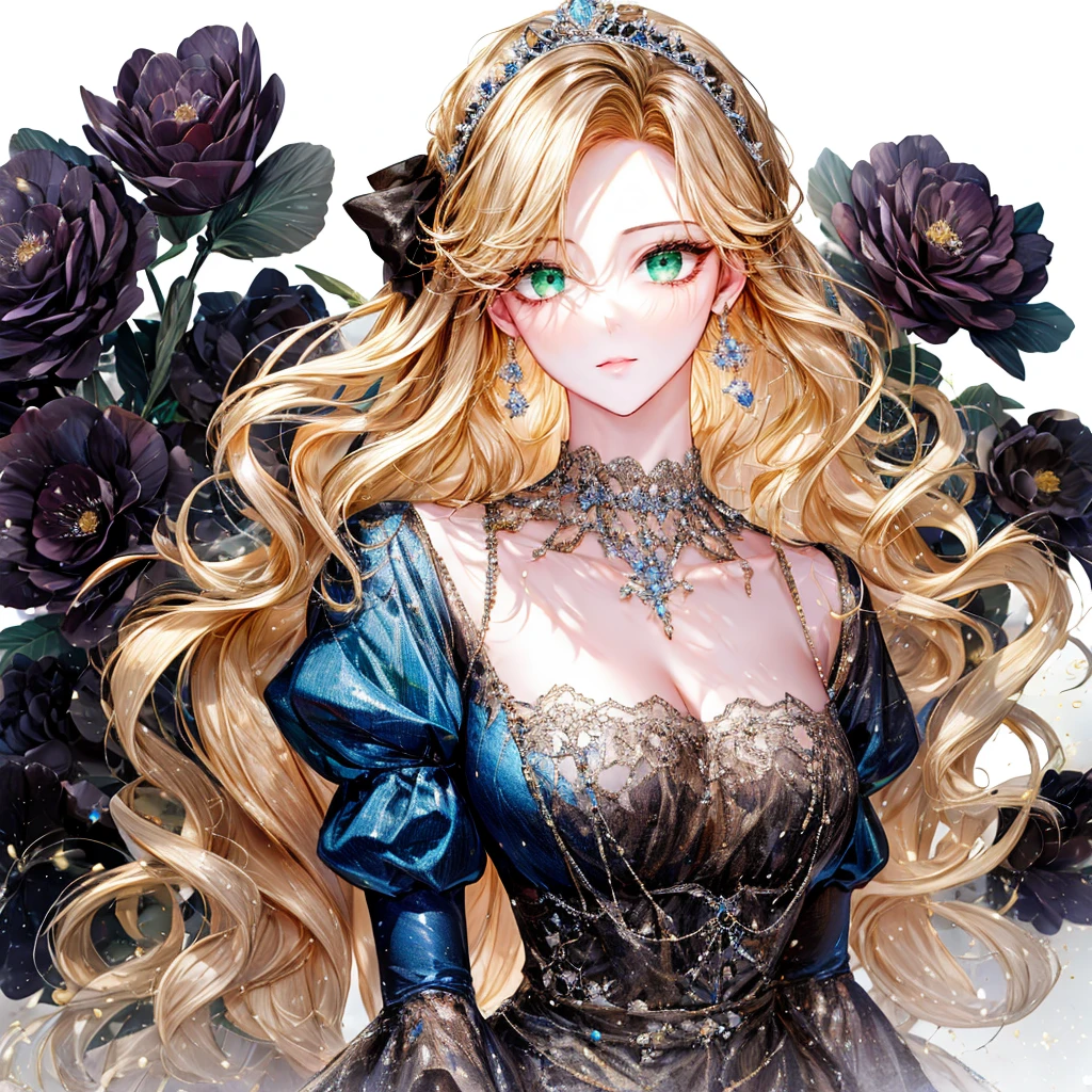 shoujo-style, (floral background, Romance Manhwa), 1girl, blonde hair, solo, long hair, flower, dress, tiara, white dress, gloves, long sleeves, choker, green eyes, mascara, makeup, white gloves, black bow, black flower, wavy hair, bow, Good, jewelry, looking at viewer, white background, collarbone, puffy sleeves, silver accessories, upper body, parted bangs, very long hair, blue dress, frills, bangs, closed mouth, detailed eyes, sparkle full body photo