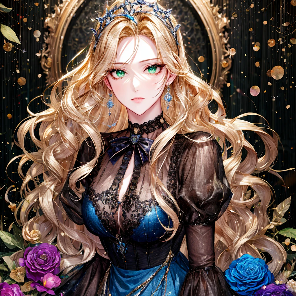 shoujo-style, (floral background, Romance Manhwa), 1girl, blonde hair, solo, long hair, flower, dress, tiara, white dress, gloves, long sleeves, choker, green eyes, mascara, makeup, white gloves, black bow, black flower, wavy hair, bow, Good, jewelry, looking at viewer, white background, collarbone, puffy sleeves, silver accessories, upper body, parted bangs, very long hair, blue dress, frills, bangs, closed mouth, detailed eyes, sparkle full body photo