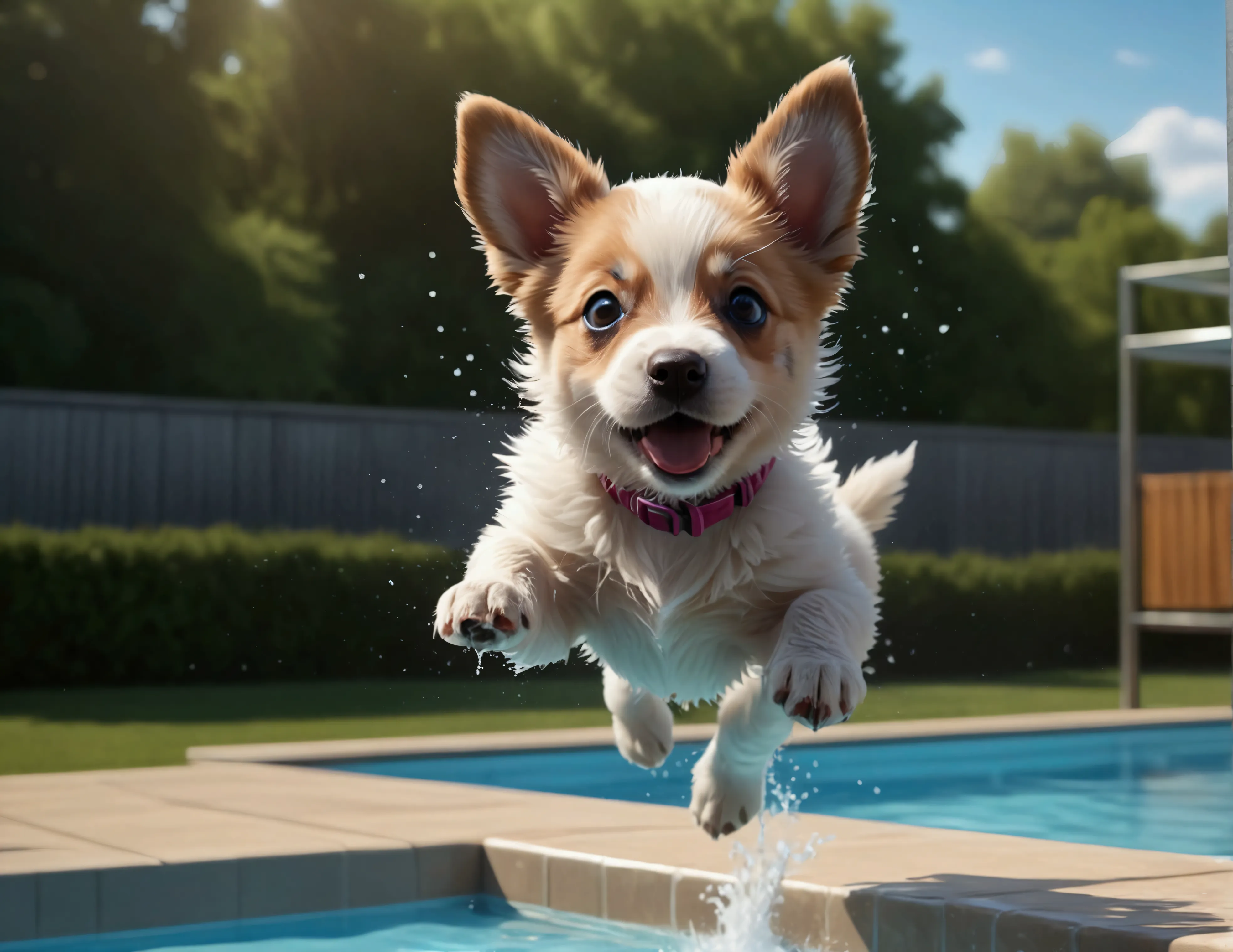 a puppy jumping off a high dive at a swimming pool, mid-air, scared and excited expression, splashing water, sunny day, beautifu...