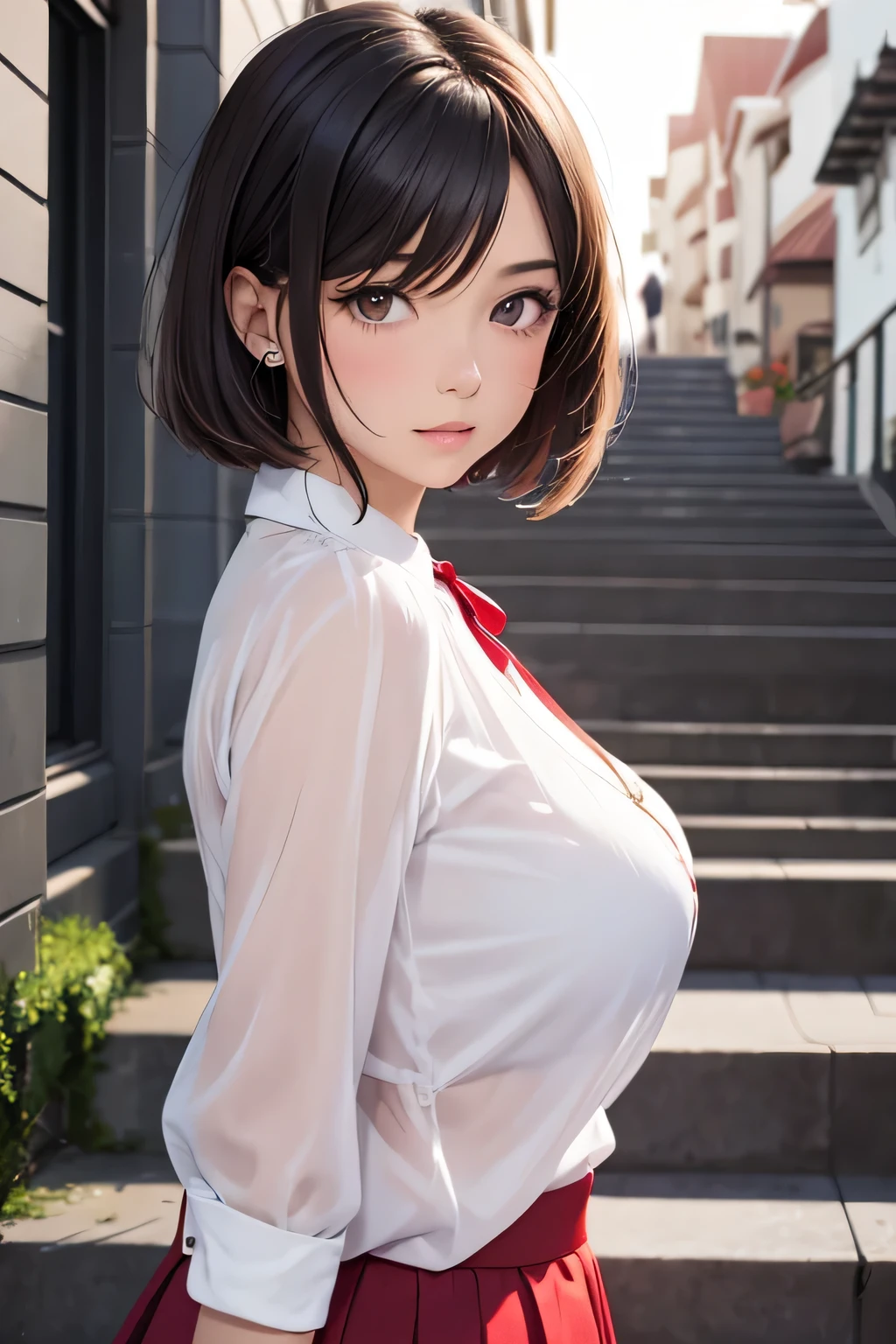 One Woman, alone, middle aged, Beautiful middle aged woman、I could see the whole body、 ((short hair)), ((Brown eyes, Beautiful eyelashes, Realistic eyes)), ((Detailed face, blush:1.2)), ((Smooth texture:0.75, Realistic texture:0.65, Realistic:1.1, Anime CG style)), ((Glamorous Body)),((Big Breasts)), Dynamic Angle, Perfect body, ((Light purple transparent blouse, Red Skirt))、(Hotel stairs)、that&#39;the wind is strong、(Very embarrassing panic smile)、I can see her panties peeking out in front of me.., Angle looking up from the top of the stairs、 (((The wind blew up her skirt、Your pants are completely visible..、Pink Floral Panty Star Piece, Highest quality, High resolution, Pixel perfect, 8k,))), 