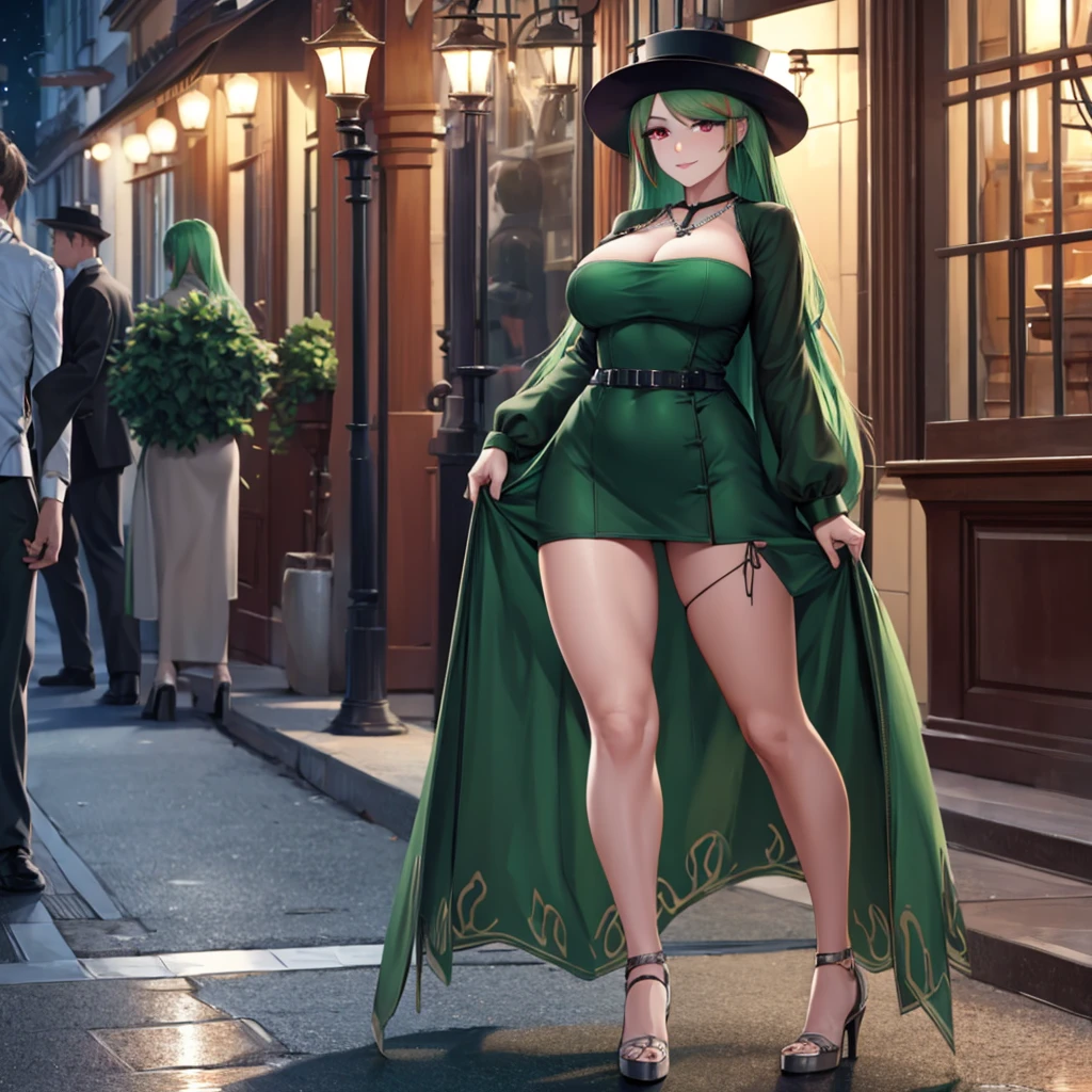 A woman wearing a dark green dress, sophisticated dress, wearing a green madam's hat, long hat, green heels, big breasts, emerald necklace, red eyes, green hair, long hair, red bangs, multicolored hair, walking on a sophisticated sidewalk European, European house in the background, sophisticated lamp post, night place, perfect lighting, European aesthetics..(solo woman) ,UHD , prime work , accurate , anatomically correct , textured skin , super details , high quality , best quality, 8k, high resolution, bokeh effect, close view,
