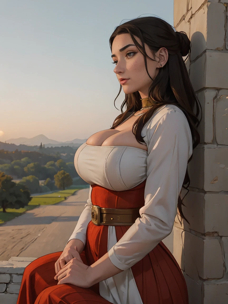 Gorgeous and sultry busty athletic (thin) brunette queen with sharp facial features wearing a modest updo, dark red medieval dress, long sleeves, intricate patterns, scrollwork, wide neck, crown, veil, long dress, modest dress, tight bodice, (silver waist chain), medieval jewelry, Middle Ages, castle, rampart, wall, exterior, on top of a castle wall, trees, countryside, evening, sunset.