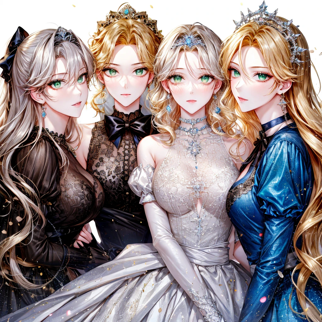 shoujo-style, (floral background, Romance Manhwa), 3girl, blonde hair, 独奏, long hair, flower, dress, tiara, white dress, gloves, long sleeves, choker, green eyes, mascara, makeup, white gloves, black bow, black flower, wavy hair, bow, Good, jewelry, looking at viewer, white background, collarbone, puffy sleeves, silver accessories, upper body, parted bangs, very long hair, blue dress, frills, bangs, closed mouth, detailed eyes, sparkle full body photo 