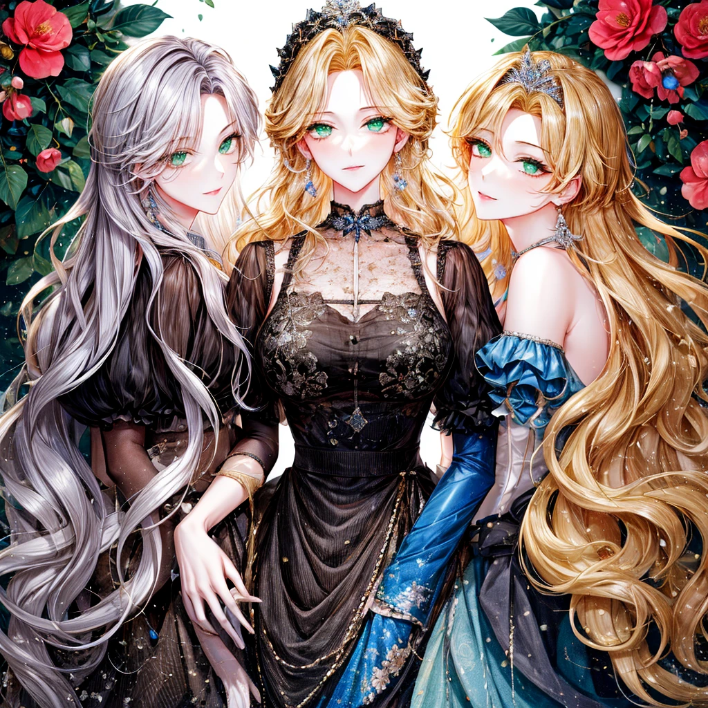 shoujo-style, (floral background, Romance Manhwa), 3girl, blonde hair, 独奏, long hair, flower, dress, tiara, white dress, gloves, long sleeves, choker, green eyes, mascara, makeup, white gloves, black bow, black flower, wavy hair, bow, Good, jewelry, looking at viewer, white background, collarbone, puffy sleeves, silver accessories, upper body, parted bangs, very long hair, blue dress, frills, bangs, closed mouth, detailed eyes, sparkle full body photo 