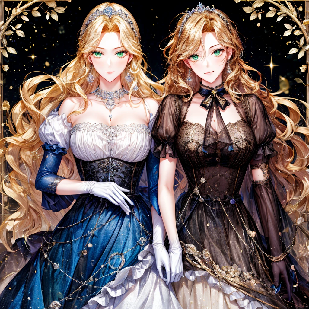 shoujo-style, (floral background, Romance Manhwa), 3girl, blonde hair, solo, long hair, flower, dress, tiara, white dress, gloves, long sleeves, choker, green eyes, mascara, makeup, white gloves, black bow, black flower, wavy hair, bow, Good, jewelry, looking at viewer, white background, collarbone, puffy sleeves, silver accessories, upper body, parted bangs, very long hair, blue dress, frills, bangs, closed mouth, detailed eyes, sparkle full body photo 