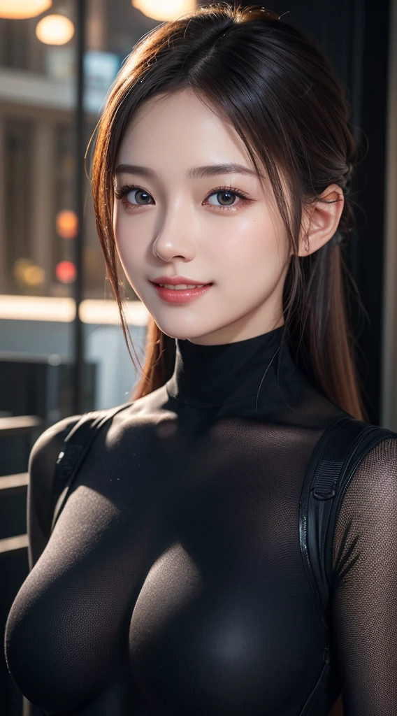 One girl, very cute, Great face and eyes, (Beautiful lovely smile), (Very detailed美しい顔), Bright and shiny lips,  Keep staring at me, so beautiful, (High Neck Bodysuit:1.3), (Highest quality:1.4), (super high quality), (Very detailed), (Ultra-realistic, Photorealistic:1.37), Real skin texture, Very detailed CG 統合 8k 壁紙, RAW Photos, Professional photography, Cinema Lighting,