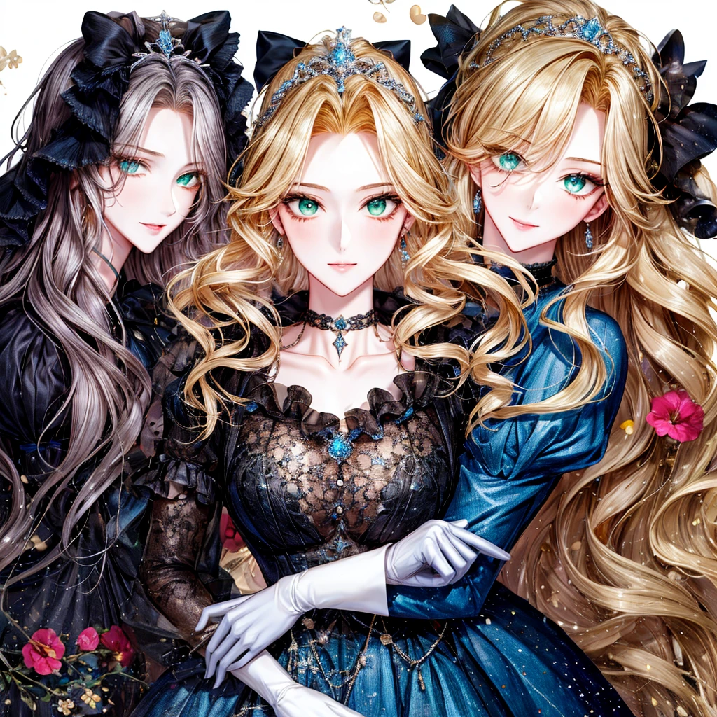 shoujo-style, (floral background, Romance Manhwa), 3girl, blonde hair, solo, long hair, flower, dress, tiara, white dress, gloves, long sleeves, choker, green eyes, mascara, makeup, white gloves, black bow, black flower, wavy hair, bow, Good, jewelry, looking at viewer, white background, collarbone, puffy sleeves, silver accessories, upper body, parted bangs, very long hair, blue dress, frills, bangs, closed mouth, detailed eyes, sparkle full body photo 