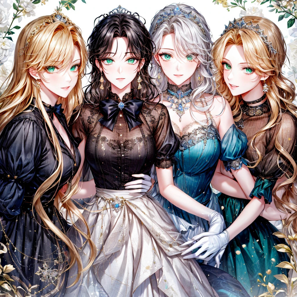 shoujo-style, (floral background, Romance Manhwa), 3girl, blonde hair, solo, long hair, flower, dress, tiara, white dress, gloves, long sleeves, choker, green eyes, mascara, makeup, white gloves, black bow, black flower, wavy hair, bow, Good, jewelry, looking at viewer, white background, collarbone, puffy sleeves, silver accessories, upper body, parted bangs, very long hair, blue dress, frills, bangs, closed mouth, detailed eyes, sparkle full body photo 