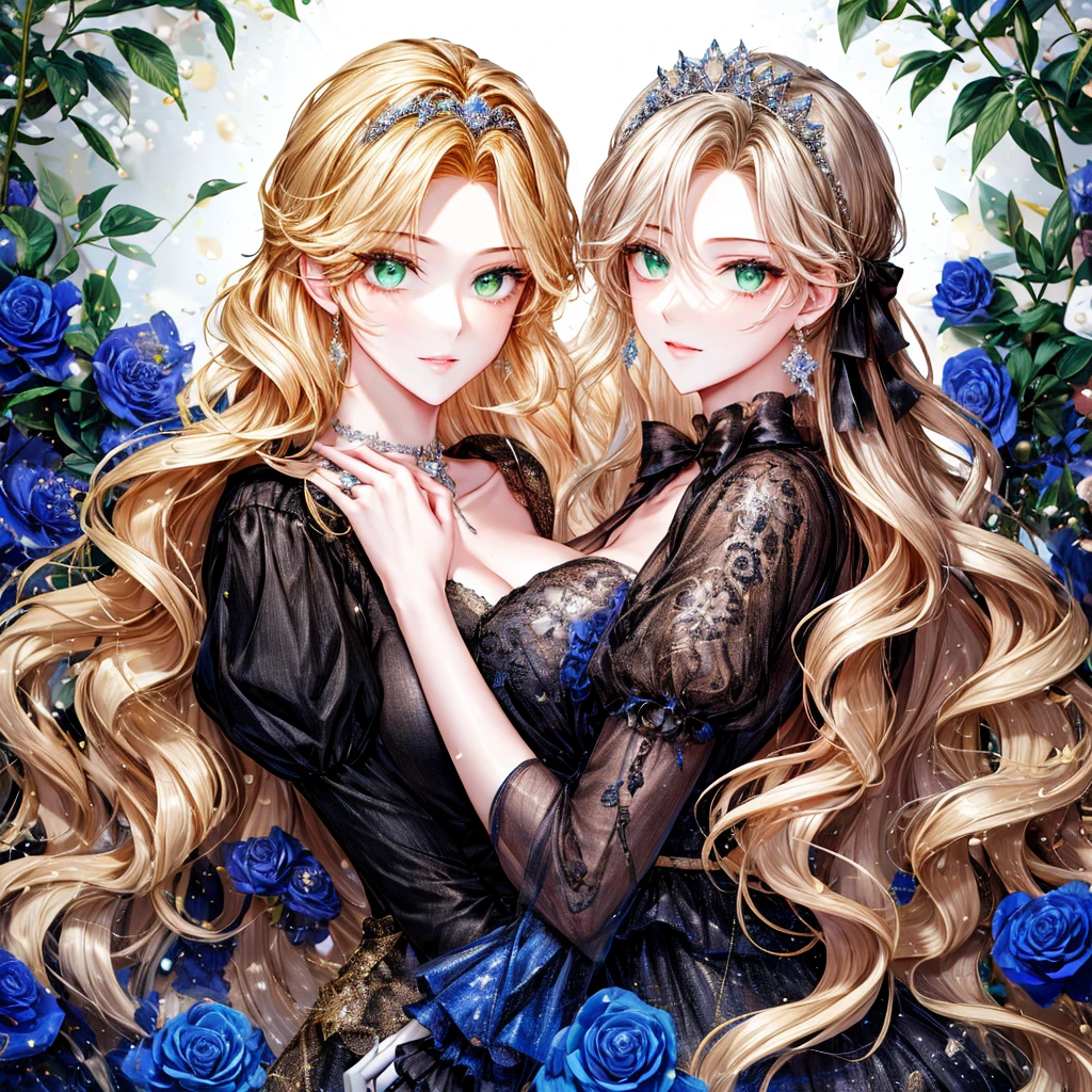 shoujo-style, (floral background, Romance Manhwa), 3girl, blonde hair, solo, long hair, flower, dress, tiara, white dress, gloves, long sleeves, choker, green eyes, mascara, makeup, white gloves, black bow, black flower, wavy hair, bow, Good, jewelry, looking at viewer, white background, collarbone, puffy sleeves, silver accessories, upper body, parted bangs, very long hair, blue dress, frills, bangs, closed mouth, detailed eyes, sparkle full body photo 